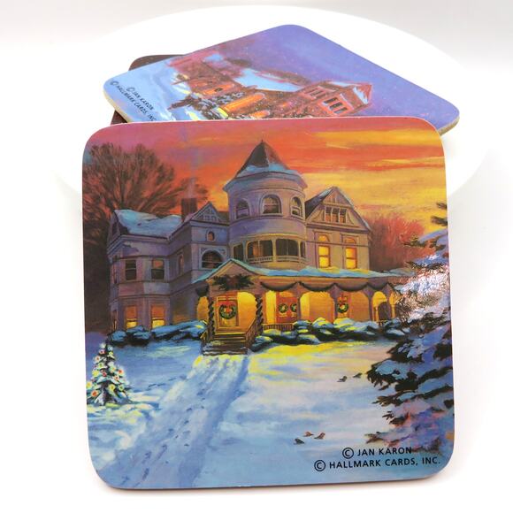 Hallmark Jan Karon Christmas Coaster Set 4 Cork Backed Winter Village Scenes - Picture 1 of 9